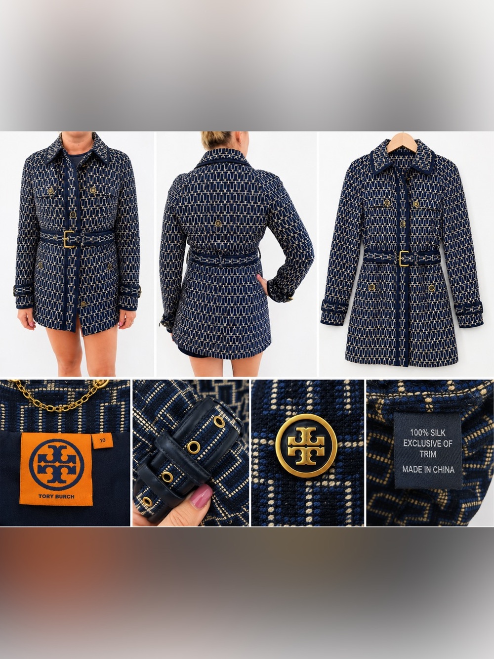 Tory Burch Navy and Cream Belted Mini Dress Jacket with Gold Accents